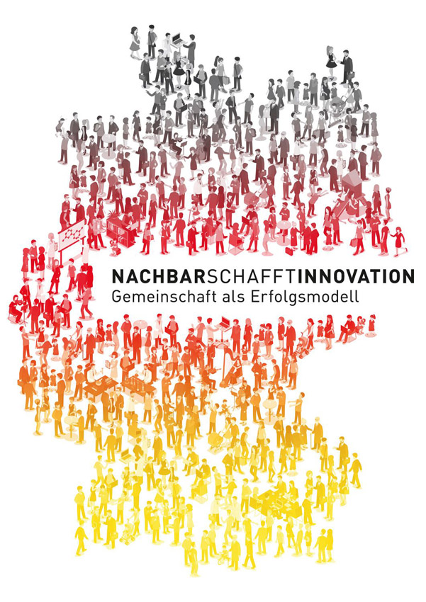 Key Visual der Aktion "Land der Ideen". Eine Graphik, die Deuschland darstellt, aber nicht als Fläche sondern bestehend aus vielen Menschen die unterschiedliche Dinge tun. Oben sind die Figuren schwarz eingefärbt, das zu rot wechselt und anschließend zu gelb. In der Mitte steht in schwarzer Schrift "NACHBARSCHAFFTINNOVATION Gemeinschaft als Erfolgsmodell"