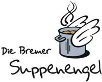 Logo Suppenengel: Ein gezeichneter, grauer Topf mit Suppe darin, an den Seiten weiße Flügel. Links vom Topf und darunter der schwarze, handschriftliche Schriftzug "Die Bremer Suppenengel"