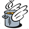 Logo Suppenengel: Ein gezeichneter, grauer Topf mit Suppe daran, an den Seiten weiße Flügel.