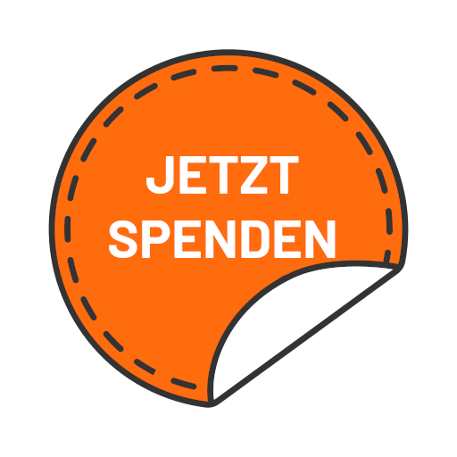 Spendenbutton (Ein orangener Kreis mit schwarzem Rand. Etwas weiter innen folgt ein strichelter, schwarzer Rand. Unten rechts ist der Kreis "umgeklappt" und die weiße Rückseite ist zu sehen. In der Mitte steht in weißer, zweizeiliger Schrift "JETZT SPENDEN":