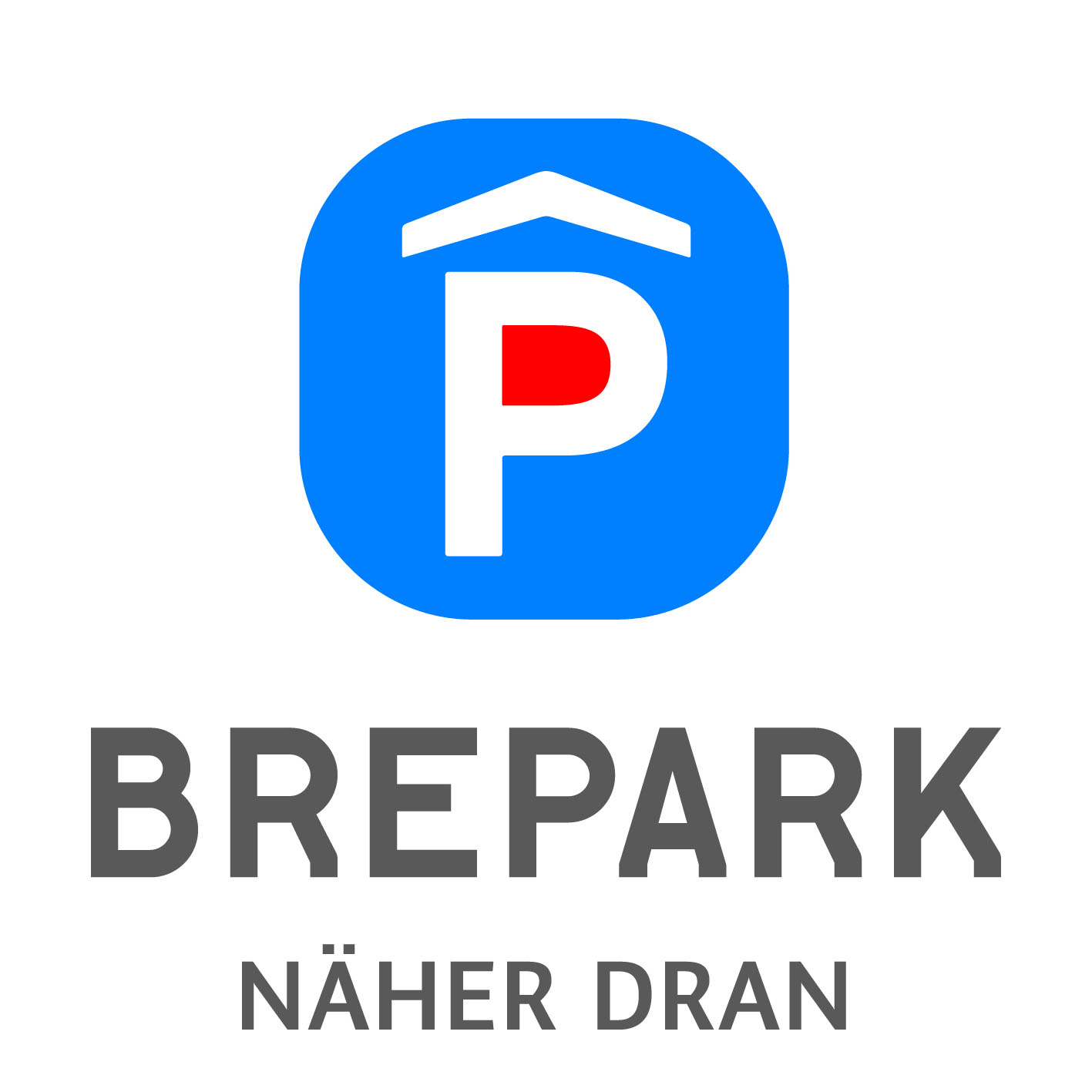 Logo Brepark (Zentriert übereinander: Ein blauer Kasten mit stark abgerundeten Ecken, darin ein weißes, großes P, der Leerraum vom P ist rot ausgefüllt, über dem P ein Dach, ähnlich Dachakzent. Dann in dunkelgrau BREPARK, dann in dunkelgrau, kleiner "NÄHER DRAN")