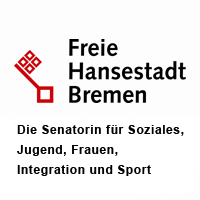 Logo Senatorin für Soziales usw. (Ein roter stilisierter Bremer Schlüssel, rechts daneben dreizeilig in schwarz: Freie Hansestadt Bremen. Unter Schlüssel und Schrift steht in kleiner, schwarzer Schrift: Die Senatorin für Soziales, Jugend, Frauen, Integration und Sport)