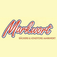 Logo Markwort (Ein hellgelbes Quadrat mit dem roten, geschwungenen Schriftzug Markwort in der Mitte. Der Schriftzug ist erst weiß und dann blau umrandet. Darunter steht klein BÄCKEREI & KONDITOREI MARKWORT)