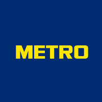 Logo Metro (Ein dunkelblaues Quadrat mit zentrierter, gelber Schrift METRO)