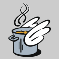 Logo Suppenengel: Ein gezeichneter, grauer Topf mit Suppe darin, an den Seiten weiße Flügel.